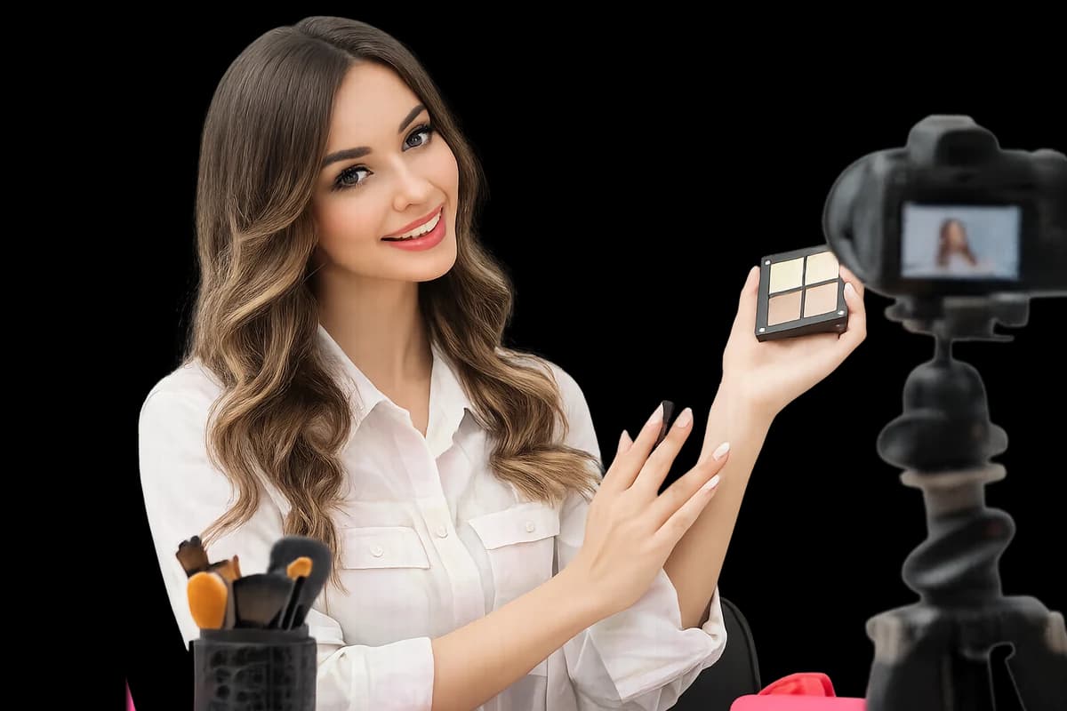 A beauty creator recording a makeup tutorial on camera