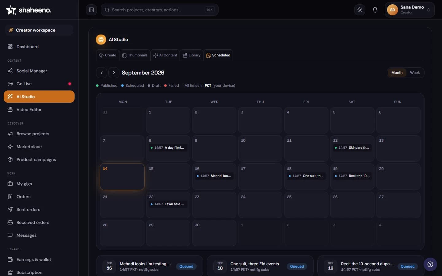Shaheeno AI Studio scheduling calendar with social media posts queued across the month