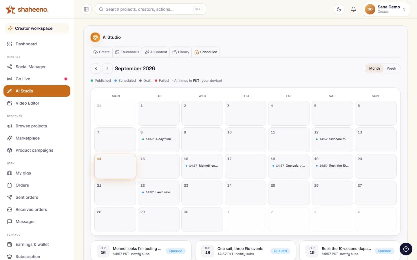 Shaheeno AI Studio scheduling calendar with social media posts queued across the month