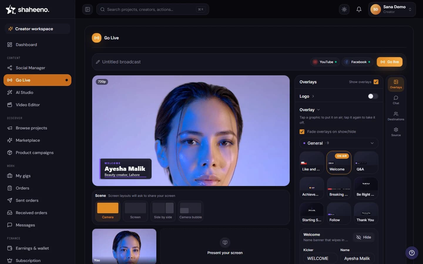 Shaheeno browser live studio: a creator on camera with a name lower-third, set to go live to YouTube and Facebook