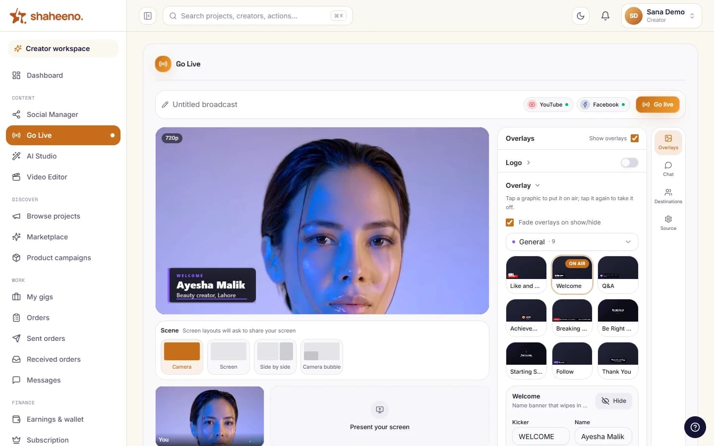 Shaheeno browser live studio: a creator on camera with a name lower-third, set to go live to YouTube and Facebook