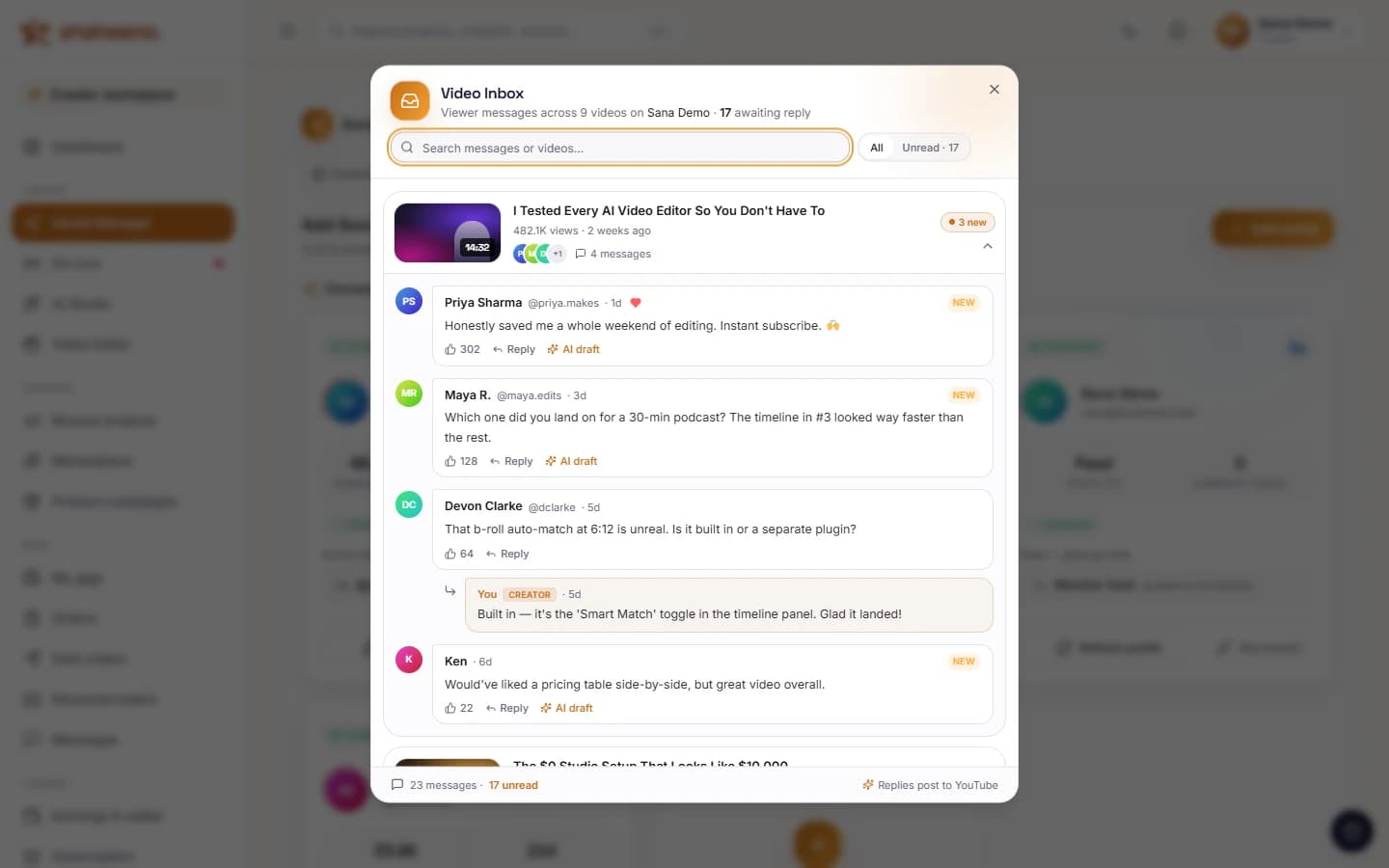 Shaheeno Social Manager comment inbox: YouTube viewer comments with Reply and AI draft buttons