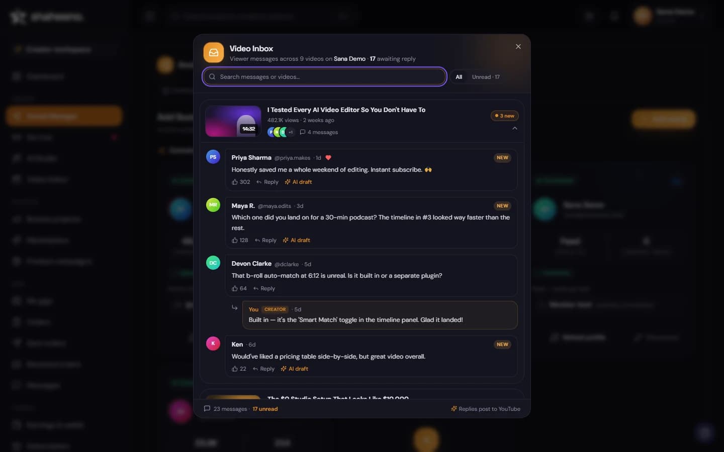 Shaheeno Social Manager comment inbox: YouTube viewer comments with Reply and AI draft buttons