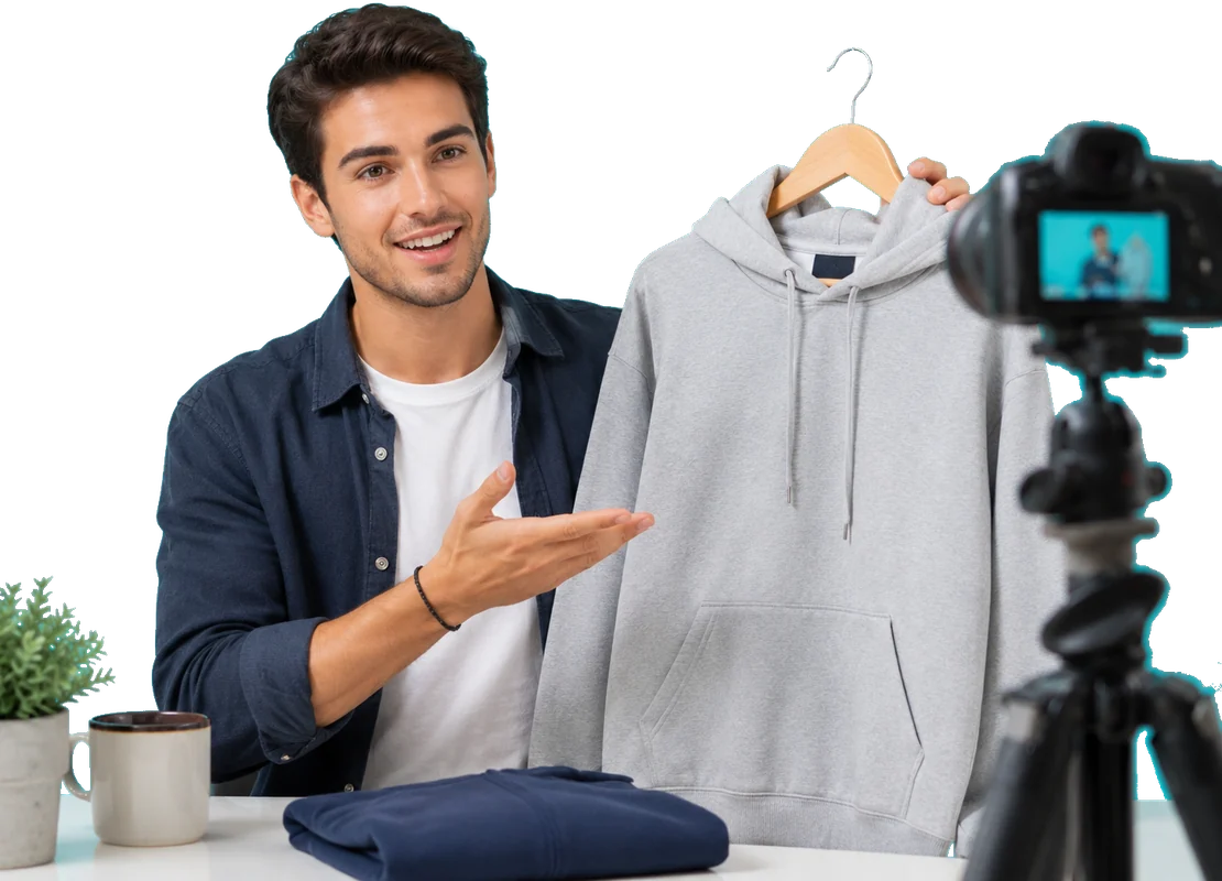 A fashion creator presenting a hoodie on camera