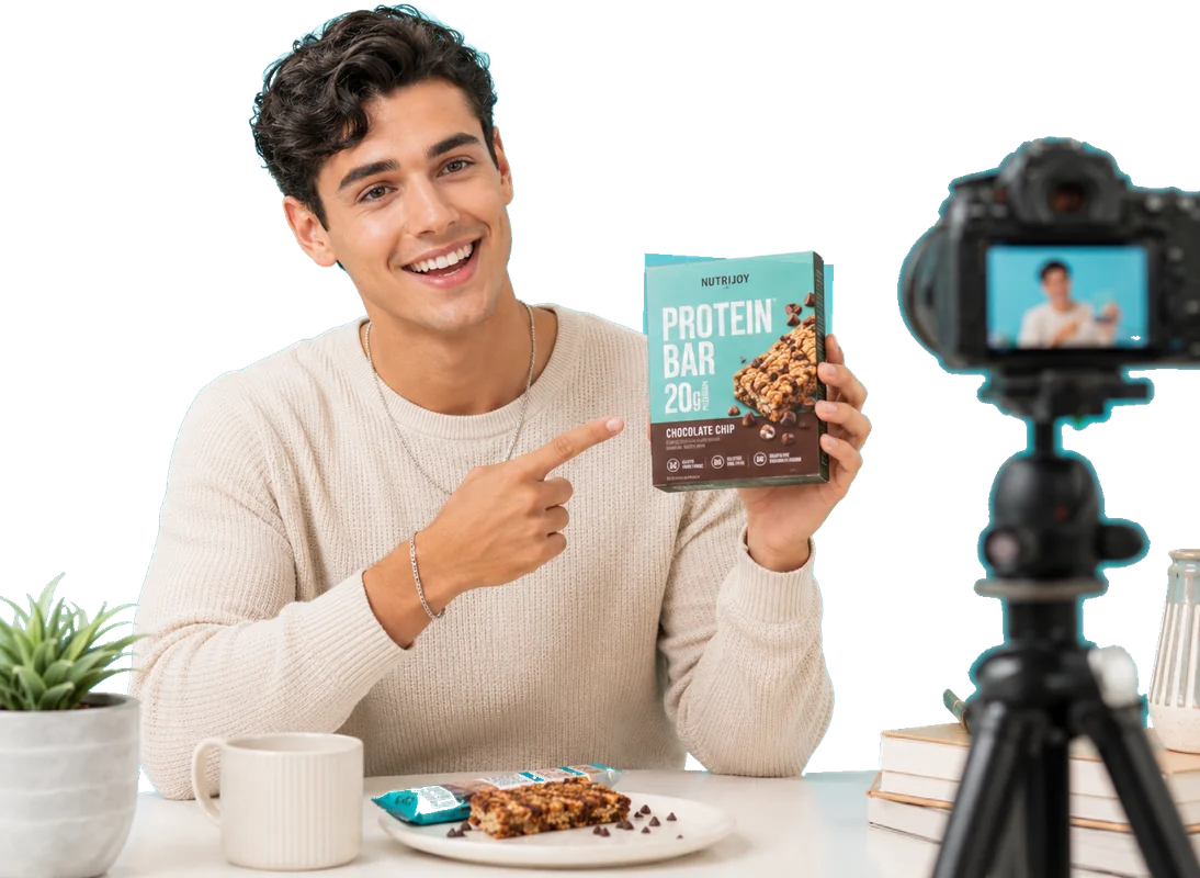 A fitness creator reviewing a protein bar on camera