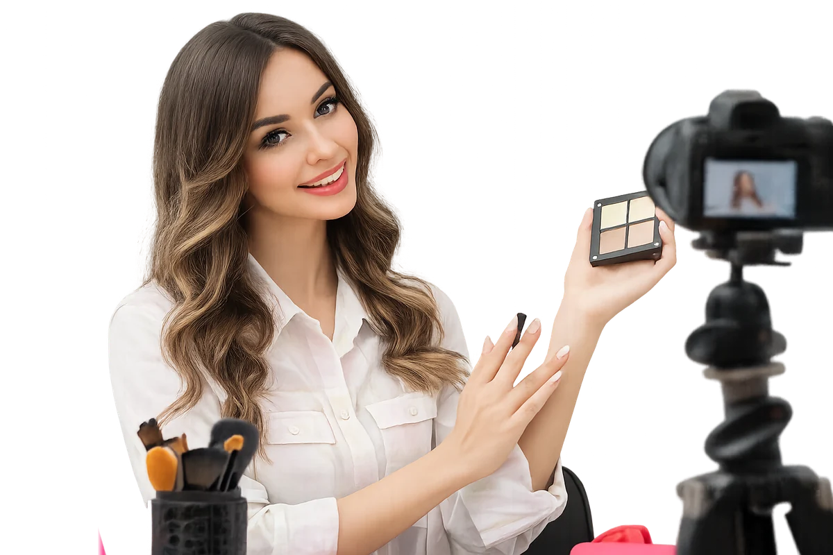 A beauty creator recording a makeup tutorial on camera
