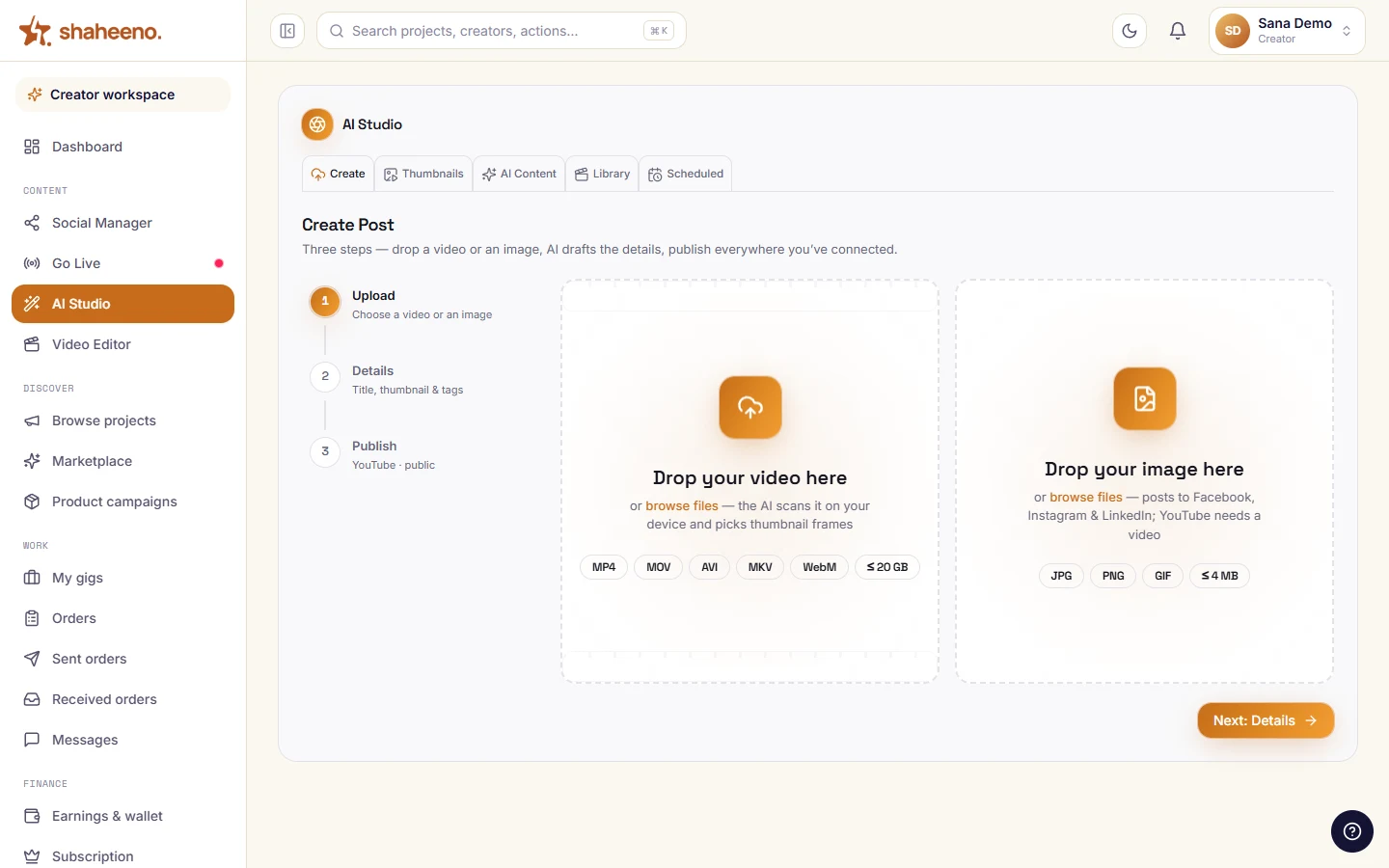 Create Post tab of the Creator AI Studio