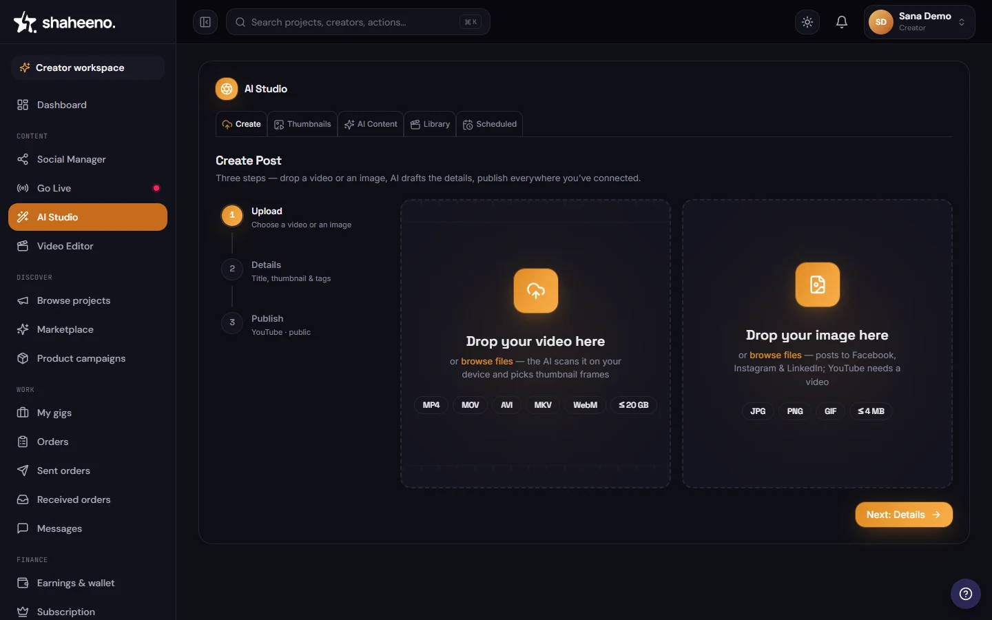Create Post tab of the Creator AI Studio (dark theme)