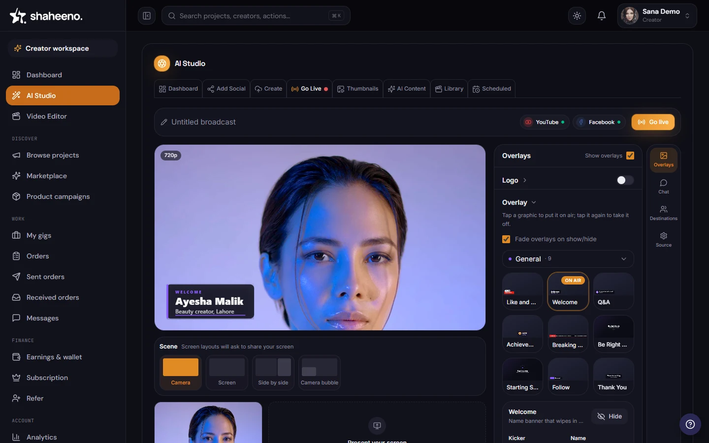 The stage — the Shaheeno Go Live control room (dark theme)
