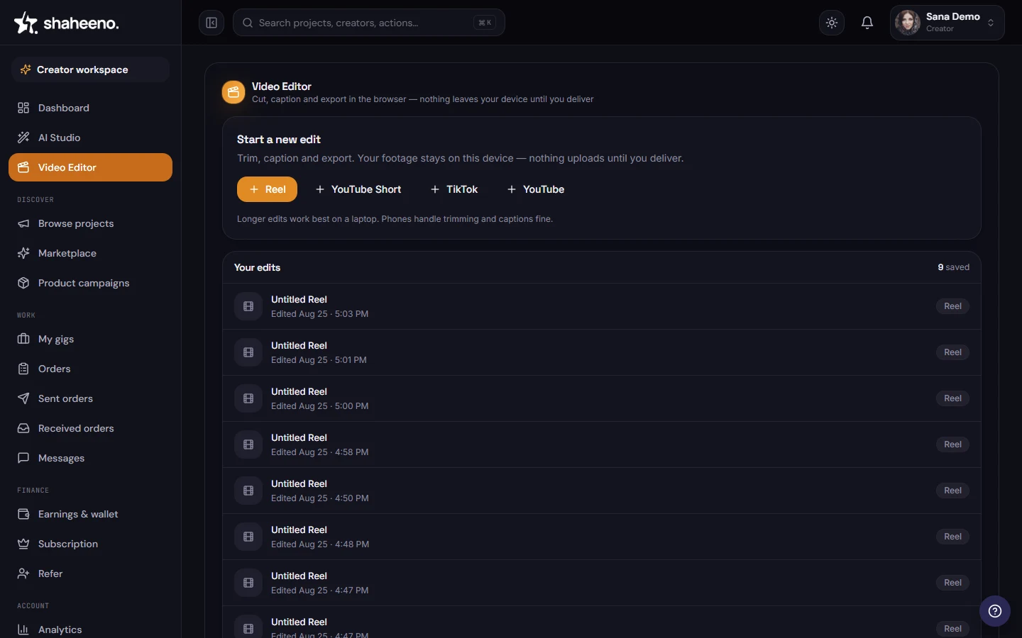 Start an edit — the Shaheeno video editor (dark theme)